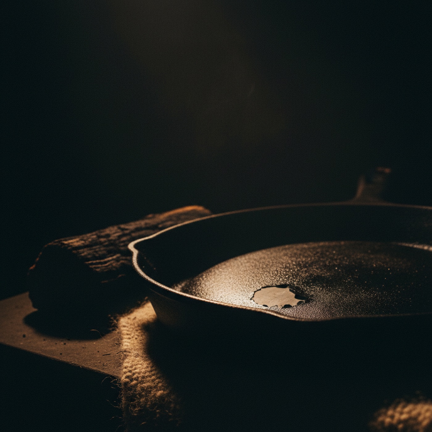 A blackened steel poker and shovel resting against a stone fireplace