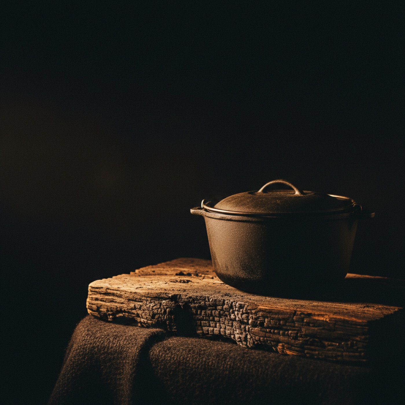 A cast iron casserole set on the hearthstone of a lit open fire